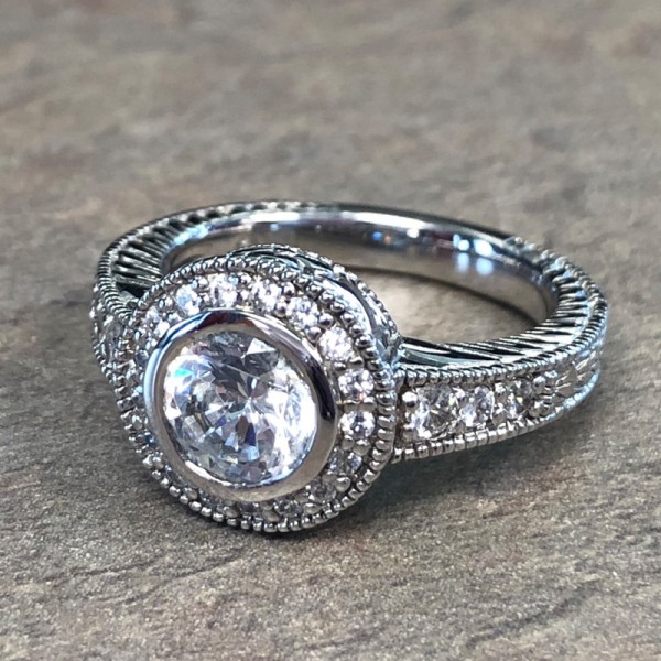 14K White Gold Round Halo Bezel Engagement Ring